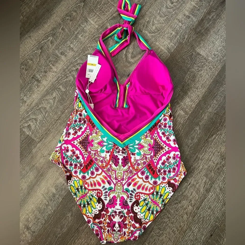 NWT Trina Turk Hawaiian Garden Border Halter Plunge One Piece Swimsuit-Size 14 - Picture 4 of 9